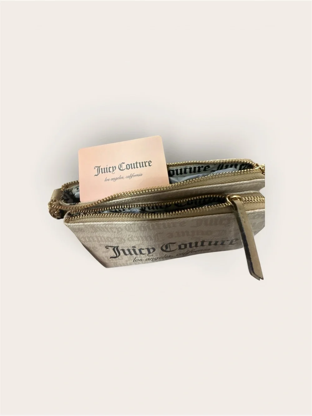Juicy Couture Beige Logo Double-Zip wristlet/ wallet  with chain & charm
